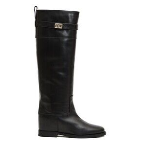 Via Roma 15 Tall Black Leather Boots With Silver Clasp Detail - NWT